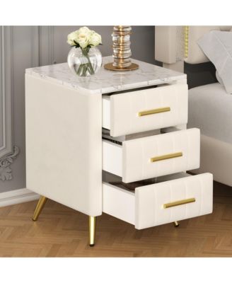 Velvet Nightstand with 3 Drawers, Upholstered Bedside Table with Faux Marble Top and Metal Legs for Bedroom and Living Room