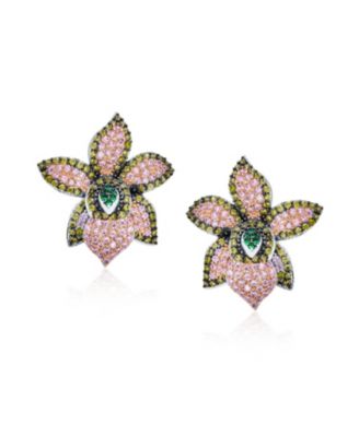 3D Floral Pave CZ Green Pink Orchid Flower Earrings Cubic Zirconia Silver Plated