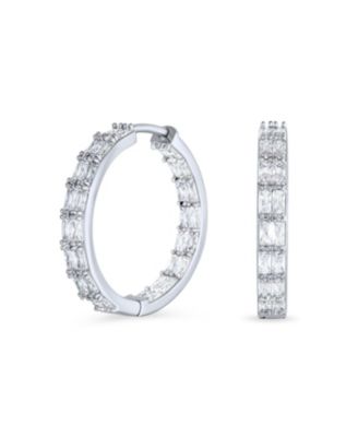 Princess Cut Cubic Zirconia Milgrain Edge Inside Out Hoop Earrings Silver Plated