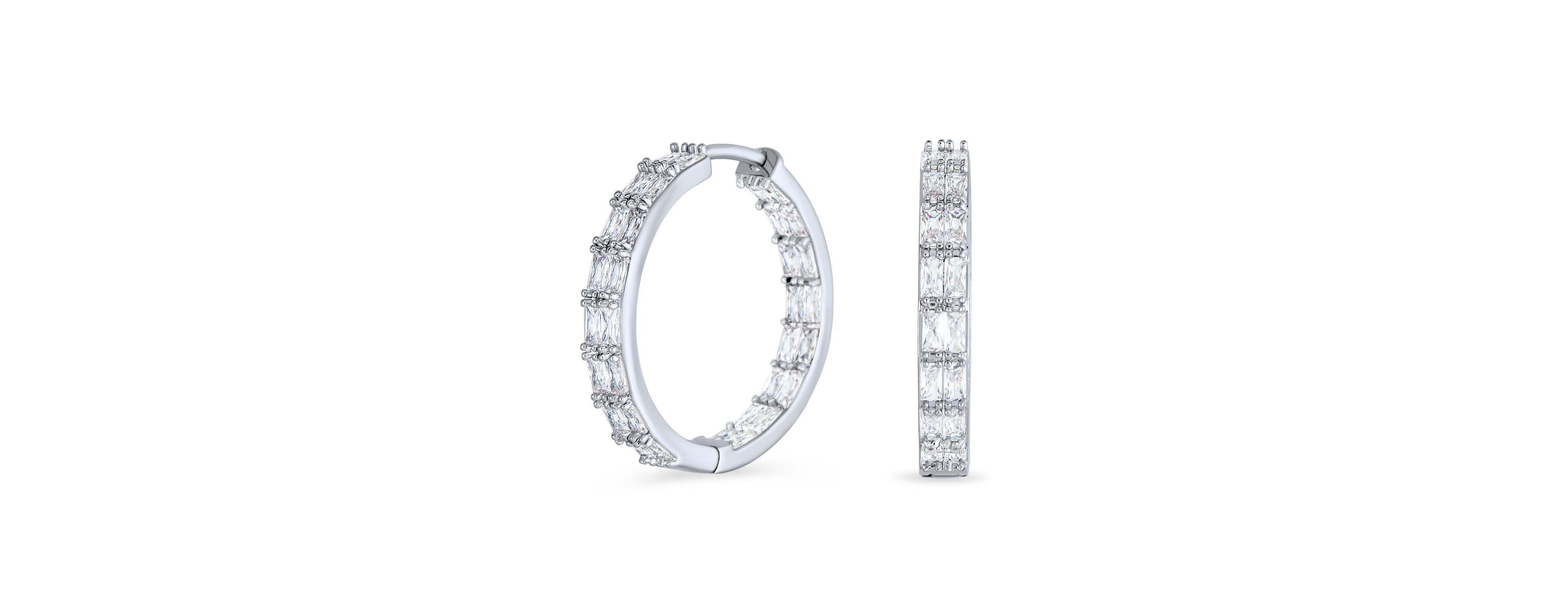 Bling Jewelry Princess Cut Cubic Zirconia Milgrain Edge Inside Out Hoop Earrings Silver Plated