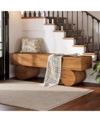 Solid Wood Entryway Bench, 59" Farmhouse Narrow Shoe Bench Seat with Thickened Seat & Cylindrical Legs, Indoor End of Bed, Brown