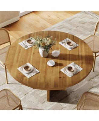 Solid Wood Round Dining Table, 47.2" Farmhouse Kitchen Table for 4-6 People, Kitchen, Living Room, Brown