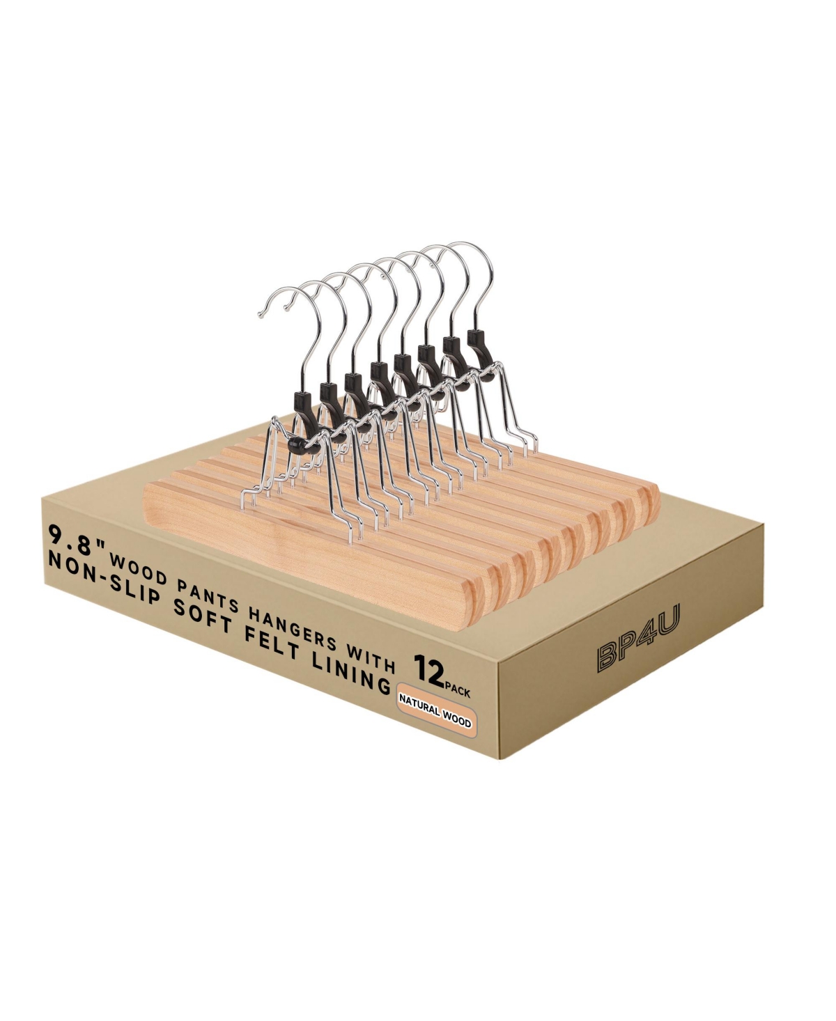 12-Pack Wood Clamp Hangers with Felt Lining, 10-Inch Non-Slip Wooden Pants/Skirts Hangers for Trousers, Jeans, Shorts, and Delicate Fabrics