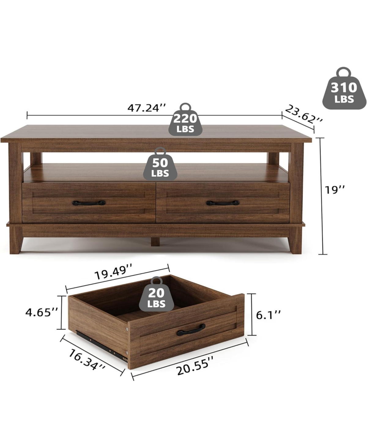 gaomon Farmhouse Coffee Table with Drawers, 47.2" Rustic Walnut Center Table, Ample Storage, Elegant Design, Brown