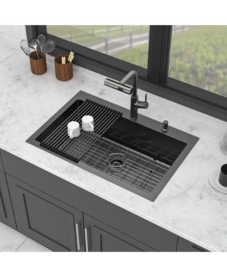33x22x10inch Gunmetal Black Kitchen Sink with Pull Out Faucet Soap Dispenser Stainless Steel