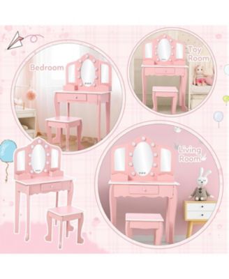 Kids Vanity Set with 3 Mirrors, Pretend Play Girls Vanity Table and Chair Set with Lighted Mirror, Stool, and Wood Makeup Playset
