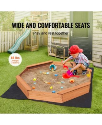 Wooden Octagonal Sandbox w/ Cover, 75.6" x 75.6" x 9.1", 4 Seats & Bottom Liner, Ages 3-12