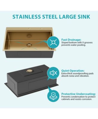 huluwat 36x22x10inch Drop in Gold Kitchen Sink Workstation Stainless Steel Single Bowl 16 Gauge