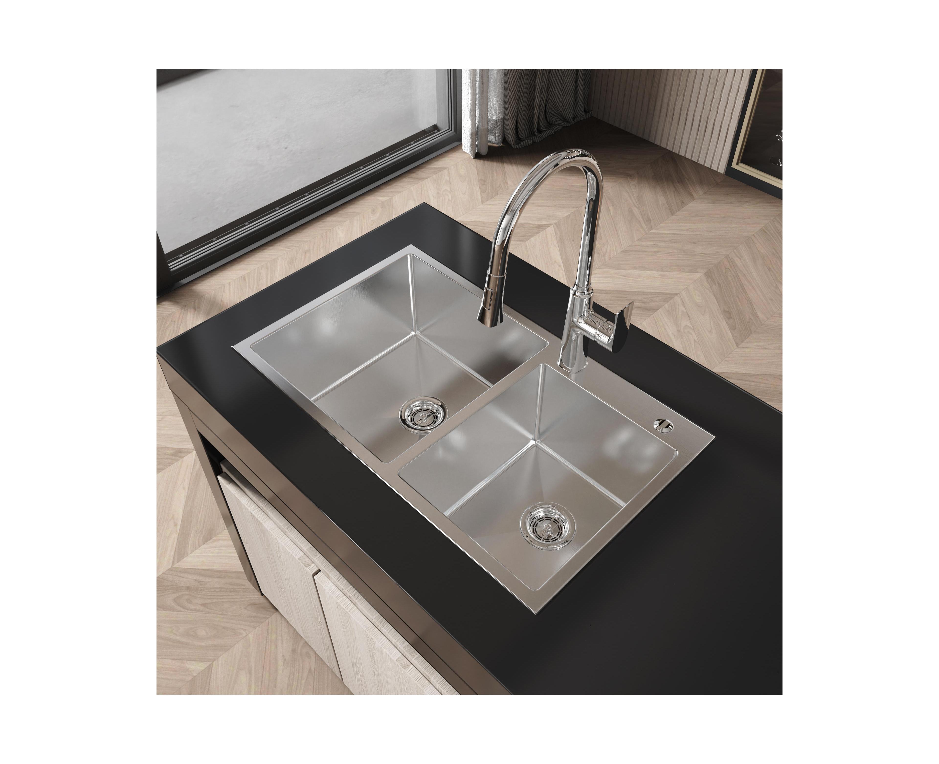 flynama 32inch Overmount Double Bowl Brushed Nickel 304 Stainless Steel Handmade Kitchen Sink Ls SSBR03 with Us Standard Drain and Hook