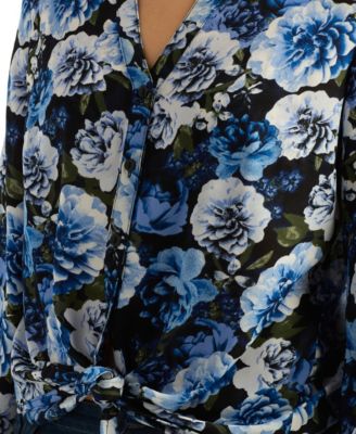 Juniors' Floral Printed Collared Top