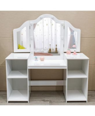 Kids Vanity with Lights,2 in 1 Princess Makeup Desk & Chair Set, Lighted Mirror, Storage Shelves & Cabinet
