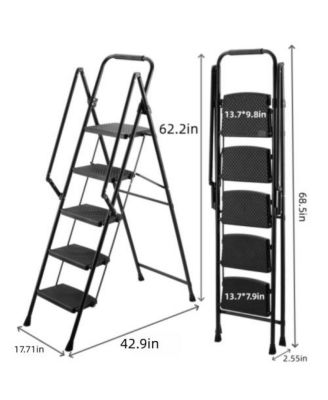5 Step Lightweight Folding Ladder with Wide Anti-Slip Pedal and Safety Handle Multi-Purpose Steel Step Ladder