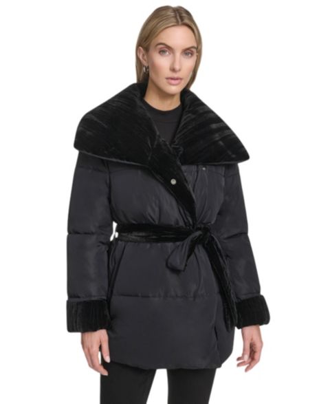 Женские куртки Andrew Marc Women's Emerson Mixed Media Belted Wrap Coat