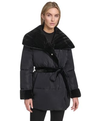 Andrew Marc Women's Emerson Mixed Media Belted Wrap Coat - Macy's