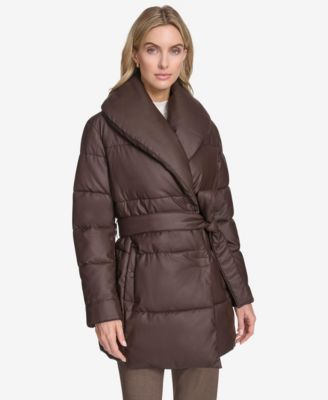 Women's Adela Pillow Collar Faux Leather Wrap Coat