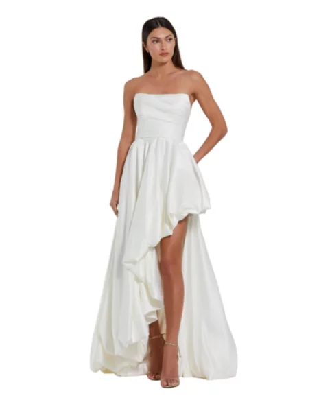 Petite Strapless High-Low Satin Gown with Draped Skirt - White