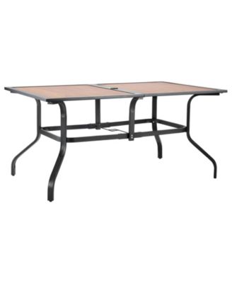 59" Rectangular Outdoor Patio Dining Table, Wood-Like Steel Slat Bistro Table for 4-6 with 1.5" Umbrella Hole, Brown