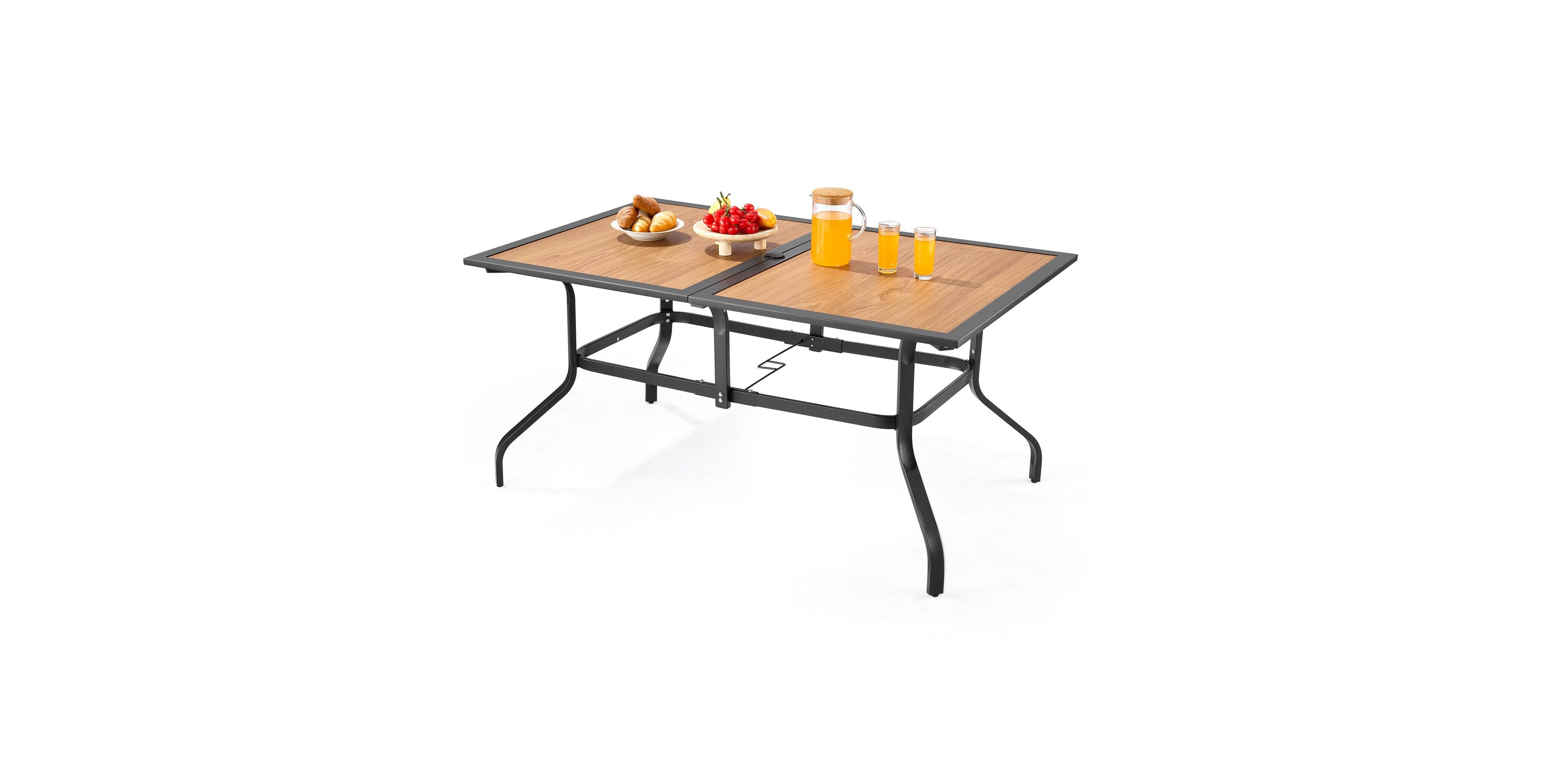 Mecale 59" Rectangular Outdoor Patio Dining Table, Wood-Like Steel Slat Bistro Table for 4-6 with 1.5" Umbrella Hole, Brown