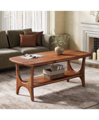 Solid Wood Coffee Table, 47.24” Mid-Century Modern Rectangle Living Room Table, 2-Tier Center Table for Living Room