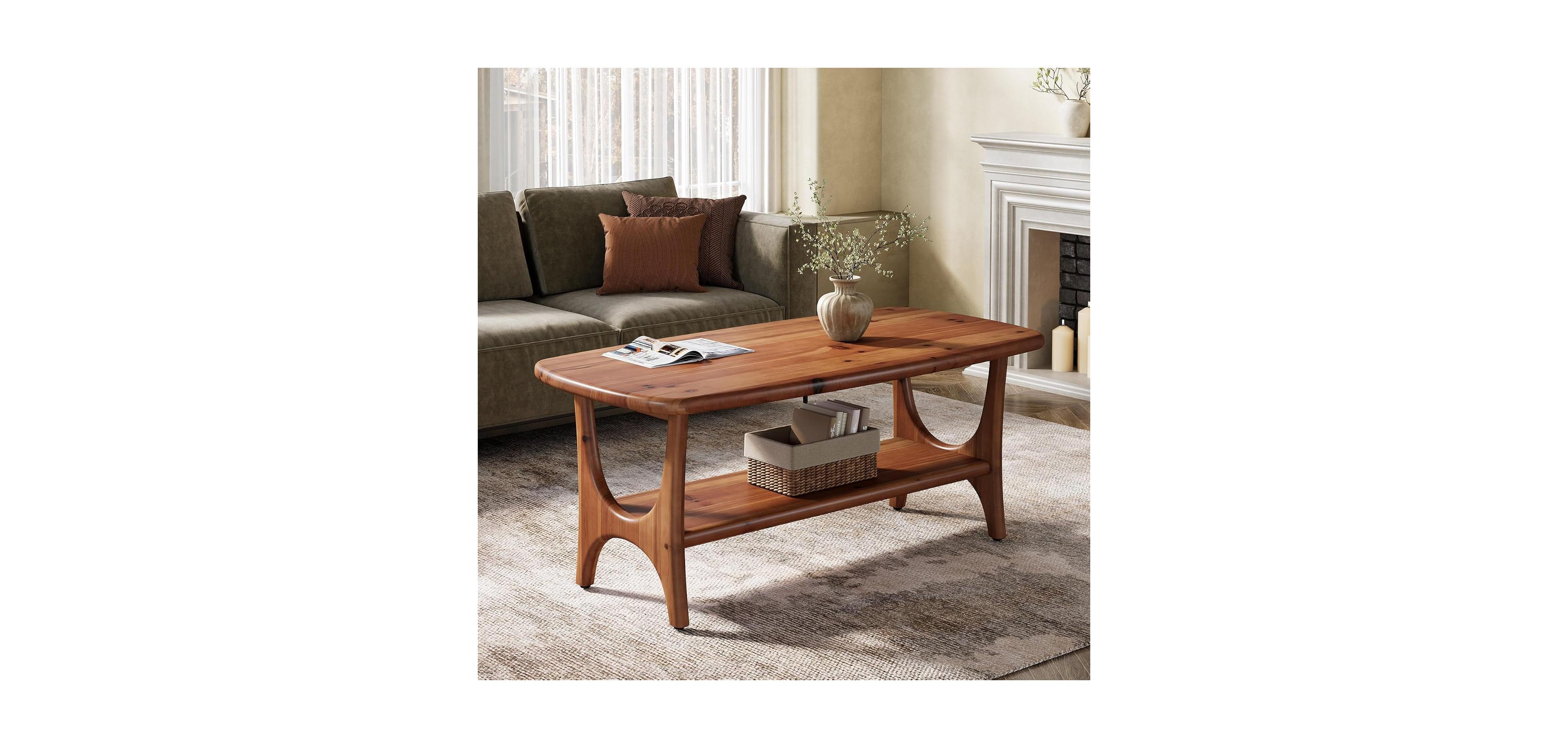 Tribesigns Solid Wood Coffee Table, 47.24” Mid-Century Modern Rectangle Living Room Table, 2-Tier Center Table for Living Room