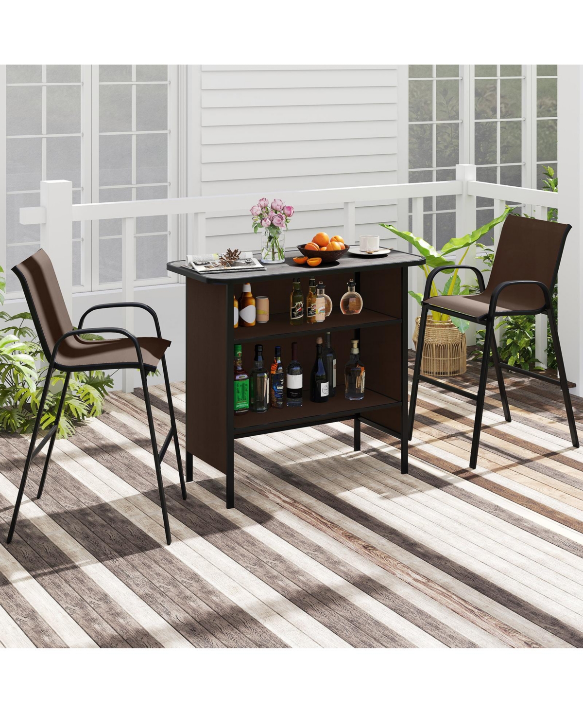 Slickblue Outdoor 3-Piece Bar Set with 2-Tier Storage and Footrest