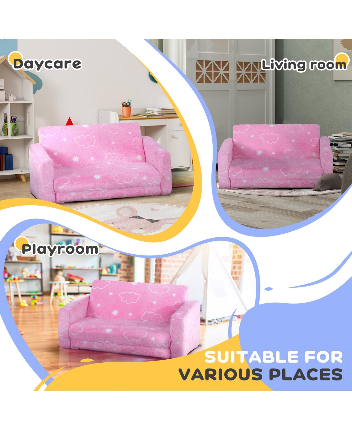 Qaba 2 in 1 Kids Play Couch with Glow in the Dark Cloud Pattern,