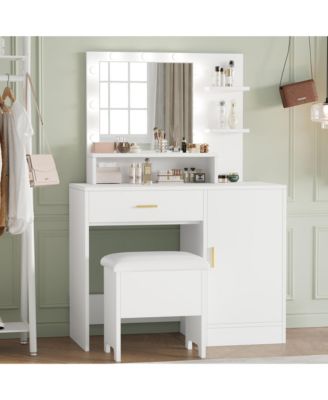 Vanity Desk with Mirror and Light Bulbs, Makeup Table with Open Shelves and Drawers
