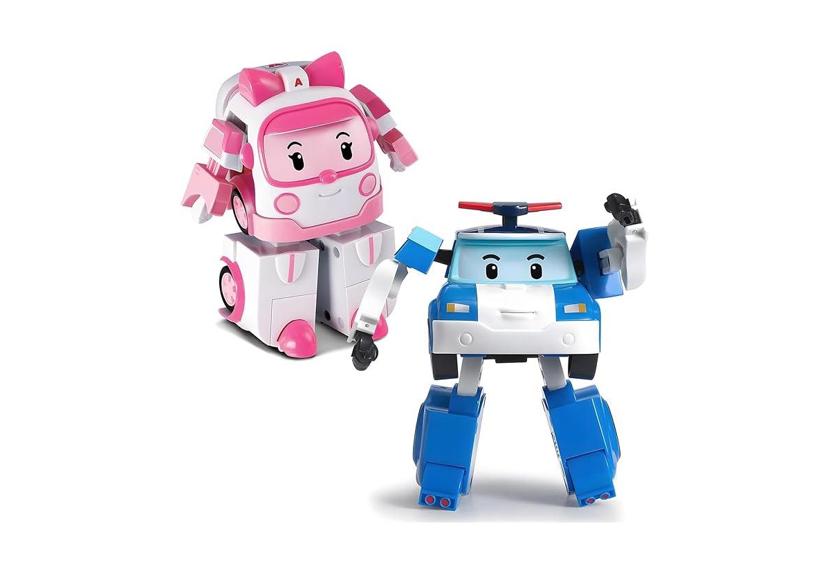 Robocar Poli 2PCS 4" Transforming Robots (Poli & Amber) - Emergency Rescue Vehicle Action Figures | Kids Educational Pretend Play Toy