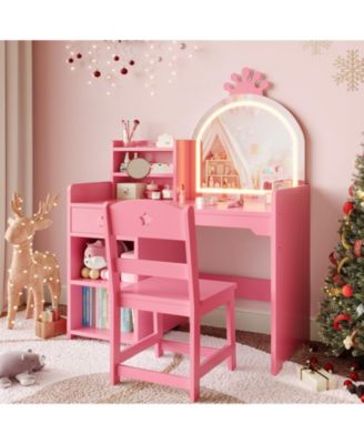 Kids Vanity Table and Chair Set with Mirror and Lights,Makeup Vanity Desk with Drawer and ,Dressing Table for Little Girls Bedroom
