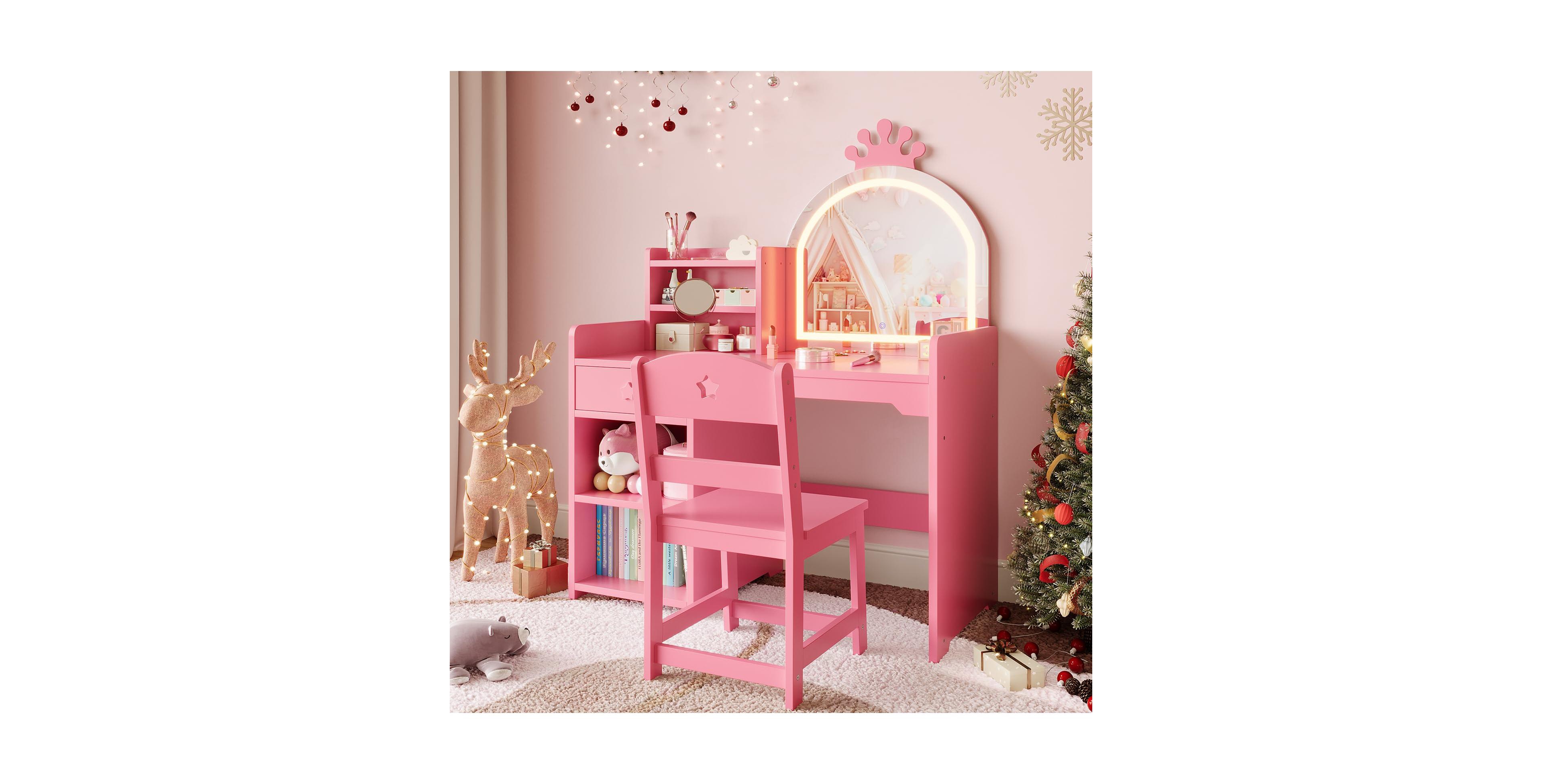 gaomon Kids Vanity Table and Chair Set with Mirror and Lights,Makeup Vanity Desk with Drawer and ,Dressing Table for Little Girls Bedroom