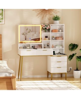 Fluted Vanity Desk with Mirror and Lights, Makeup Vanity Desk with 5 Drawers & Adjustable Shelves