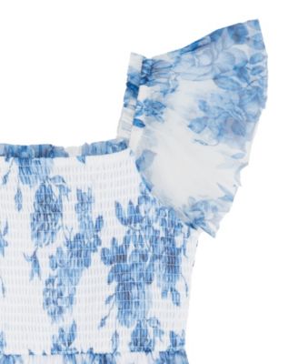 Girls' 7-16 Floral Mesh Smocked Square Neck Dress