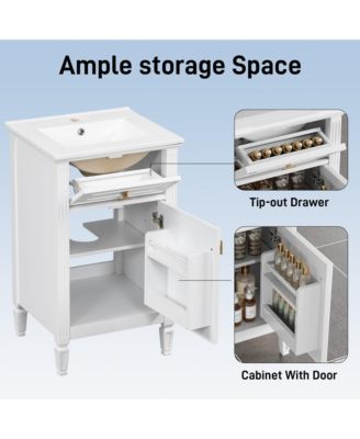 20 in. Freestanding Bathroom Vanity Cabinet with Sink, Solid Wood Legs, Adjustable Shelf, Tilt-Out Drawer for Small Bathroom