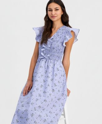 Women's Printed Smocked Flutter Sleeve Midi Dress