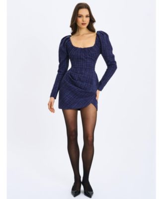 Women's Denise Navy Tweed Ruched Puff Sleeve Mini Dress