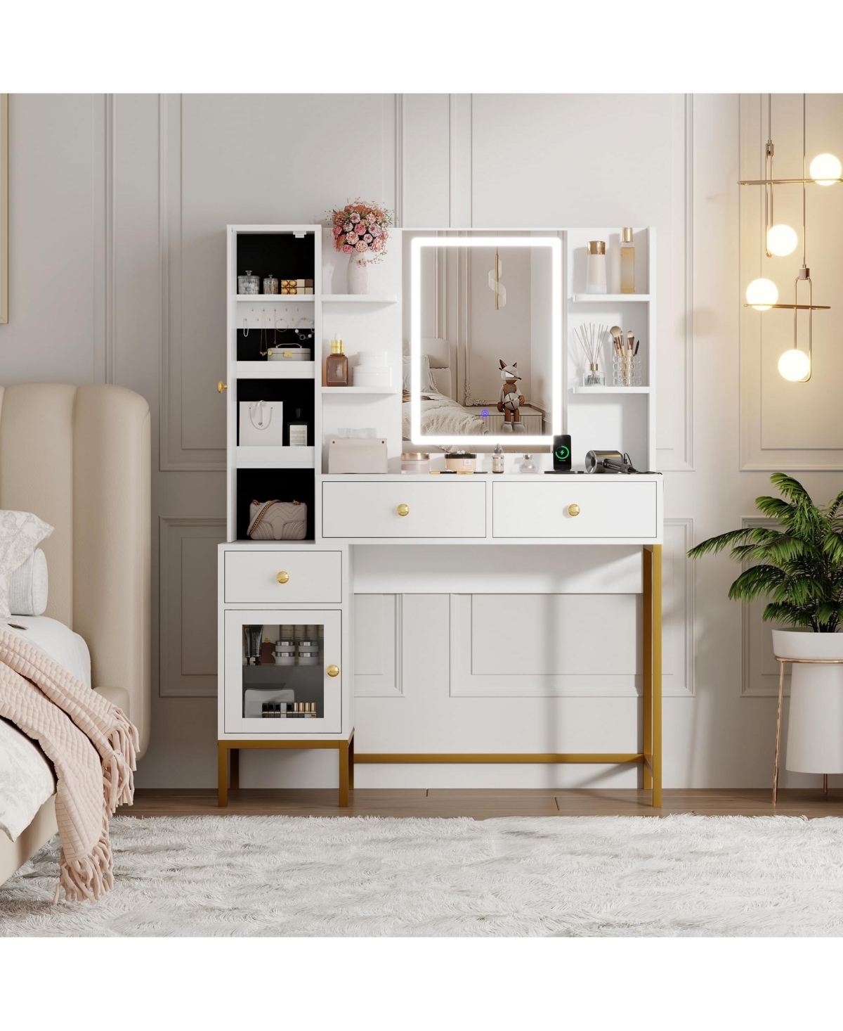 gaomon Makeup Vanity with Lights, 3 Lighting Modes Vanity Desk with Soft Cushioned Stool,Modern Dressing Table,Charging Station, 3 Drawers, a Cabinet