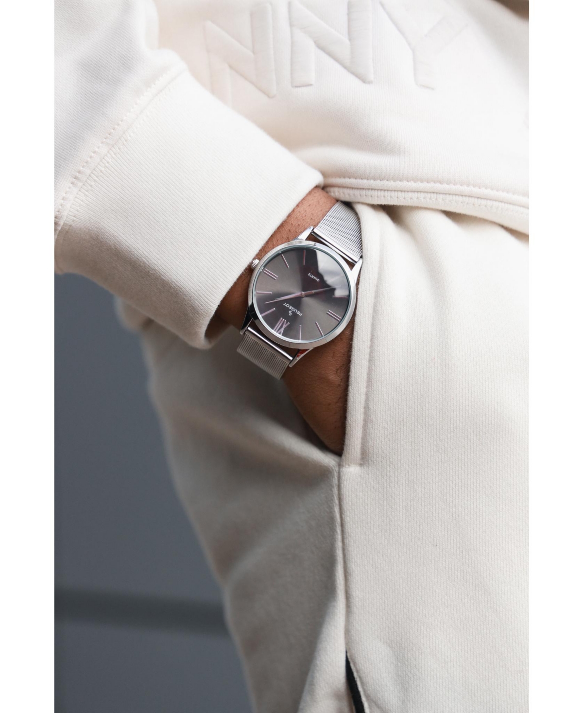 Peugeot Men's 40mm Grey Dial Slim Case Stainless Steel Mesh Watch