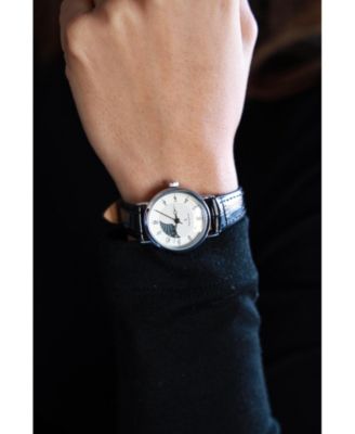 Women's 26mm Sun-Moon Phase Silver Watch with Black Leather Strap