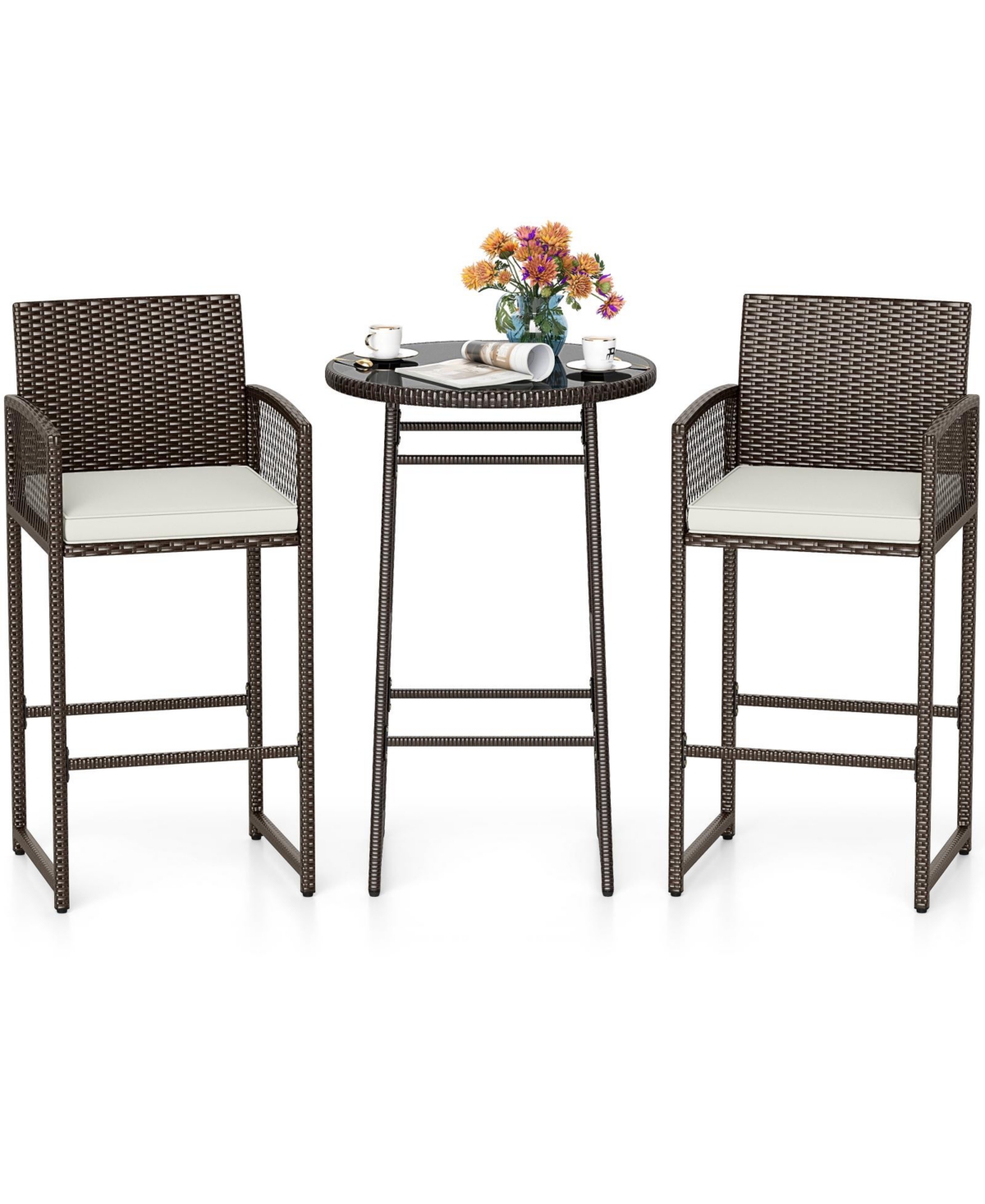 Slickblue Patio Wicker Bar Table Set with 2 Armchairs, 3 Pieces