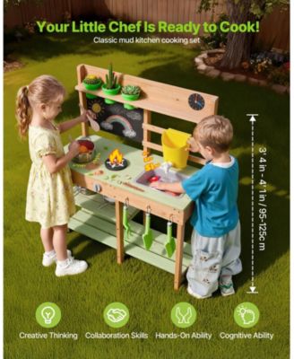 Kids Outdoor Mud Kitchen, Wooden Play Kitchen with Stove, Tank & Sink, Shovels, Spatulas, Box, Cookware Pots & Accessories
