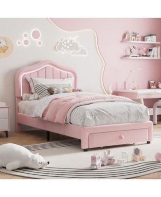 Twin LED Bed Frame with Storage & RGB Lights - Upholstered Platform Bed for Kids, Soft Fleece Fabric, No Box Spring Needed