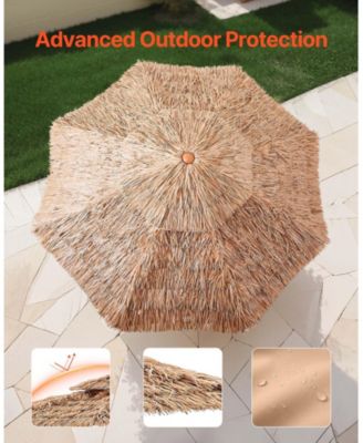 9 ft Tiki Patio Umbrella with Tilt, 2-Tier Thatched Hawaiian Style Beach Parasol with PP Thatch and 8 Metal Ribs