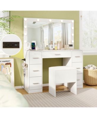 Vanity Desk with Mirror and Lights Storage Stool Power Outlets 3 Lighting Colors