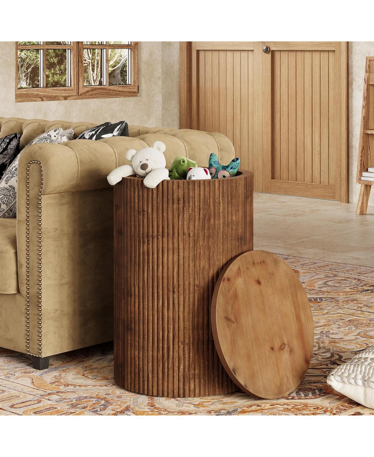 Tribesigns Solid Wood Round Side Table with Storage, No-Assembly Fluted End Table with 4 Wheels, Wooden Nightstand (Fully Assembled)