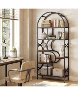 6-Shelf Bookcase, 71" Industrial Arched Bookshelf, Farmhouse Freestanding Open Display Shelf, Tall Bookcase