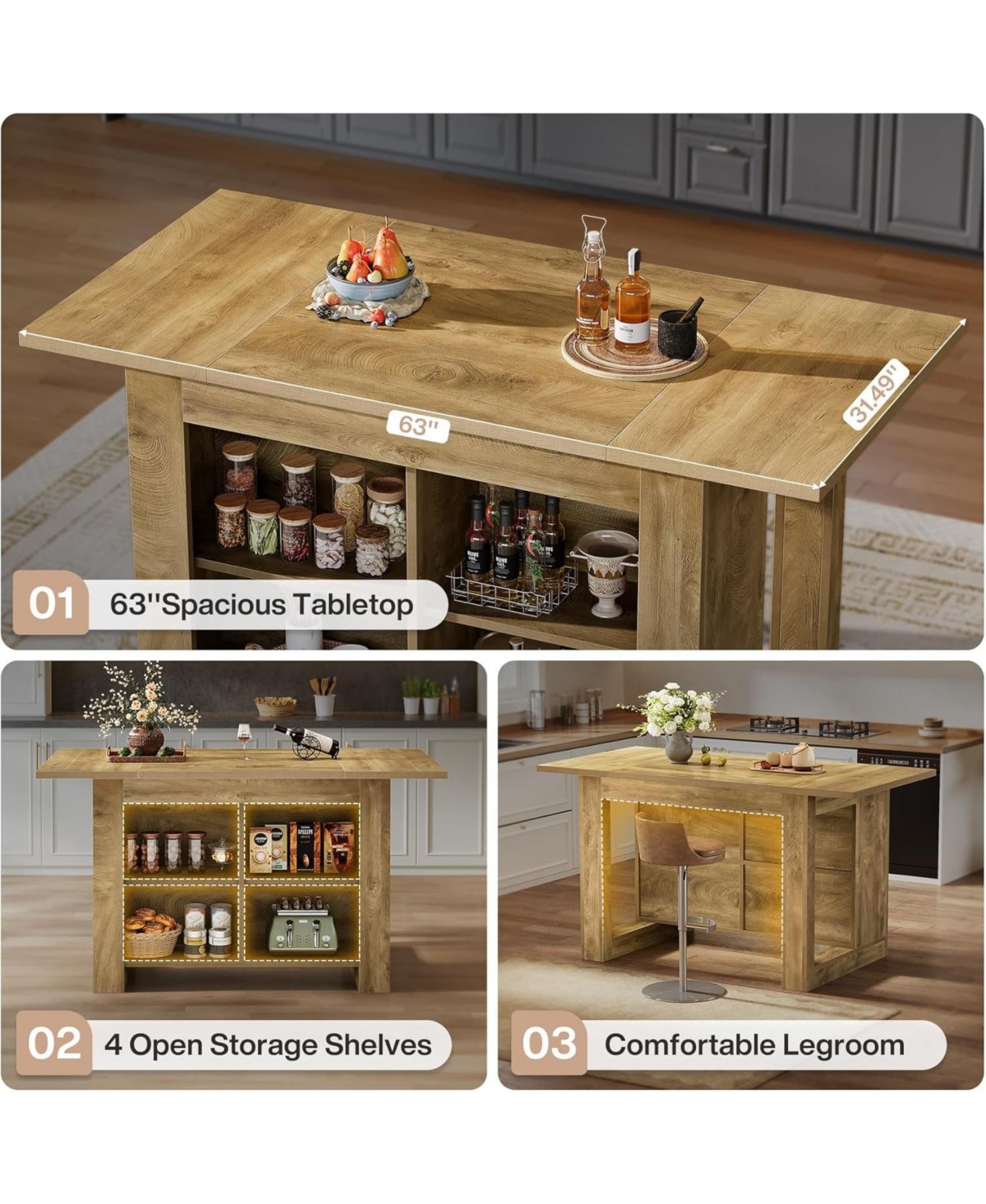 Tribesigns 63-Inch Home Bar Unit, Wood Counter Height Bar Island Table with Storagefor Living Room, Kitchen, Basement