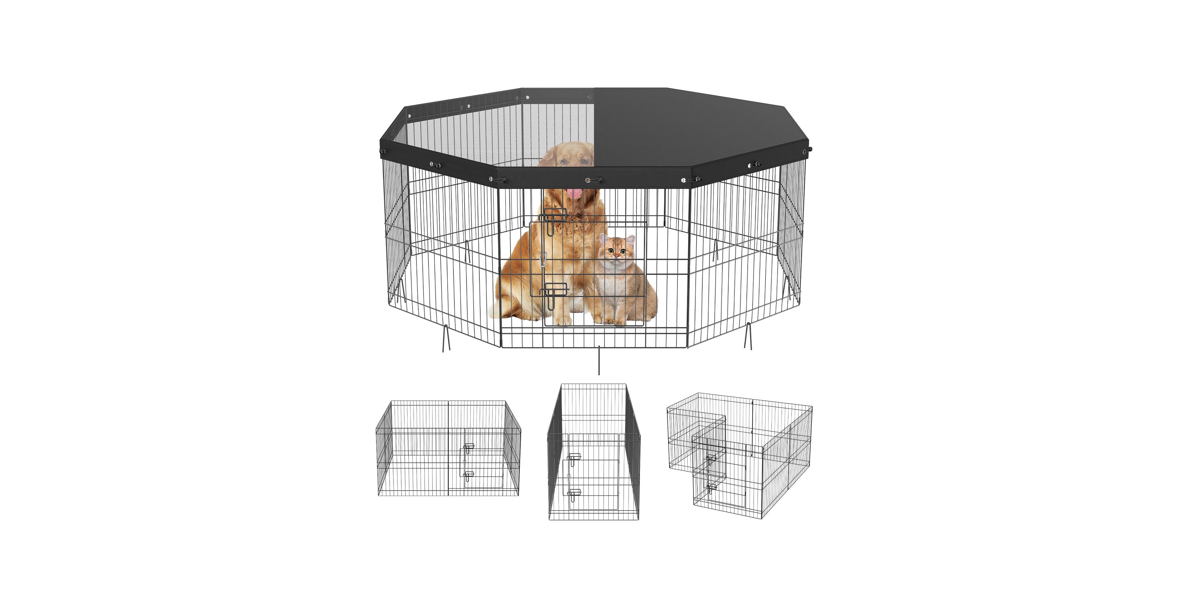 Cozito Dog Playpen, 8-Panel Foldable Metal Exercise Pen w/ Top Cover, 24 in H, Puppy Fence w/ Ground Stakes, Indoor/Outdoor