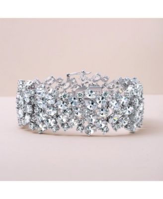 Elegant Special Occasion Jewelry Multi Row Cluster Design Cubic Zirconia CZ Wide Statement Bracelet Occasions Silver Plated