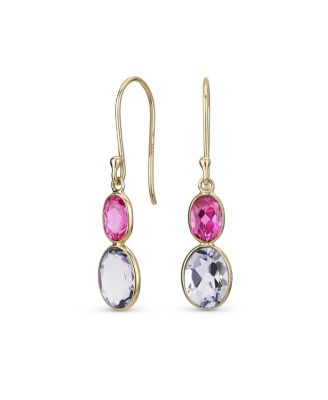 Classic 10K Gold Faceted  Bezel Set Oval Purple Amethyst & Pink Sapphire Drop Earrings