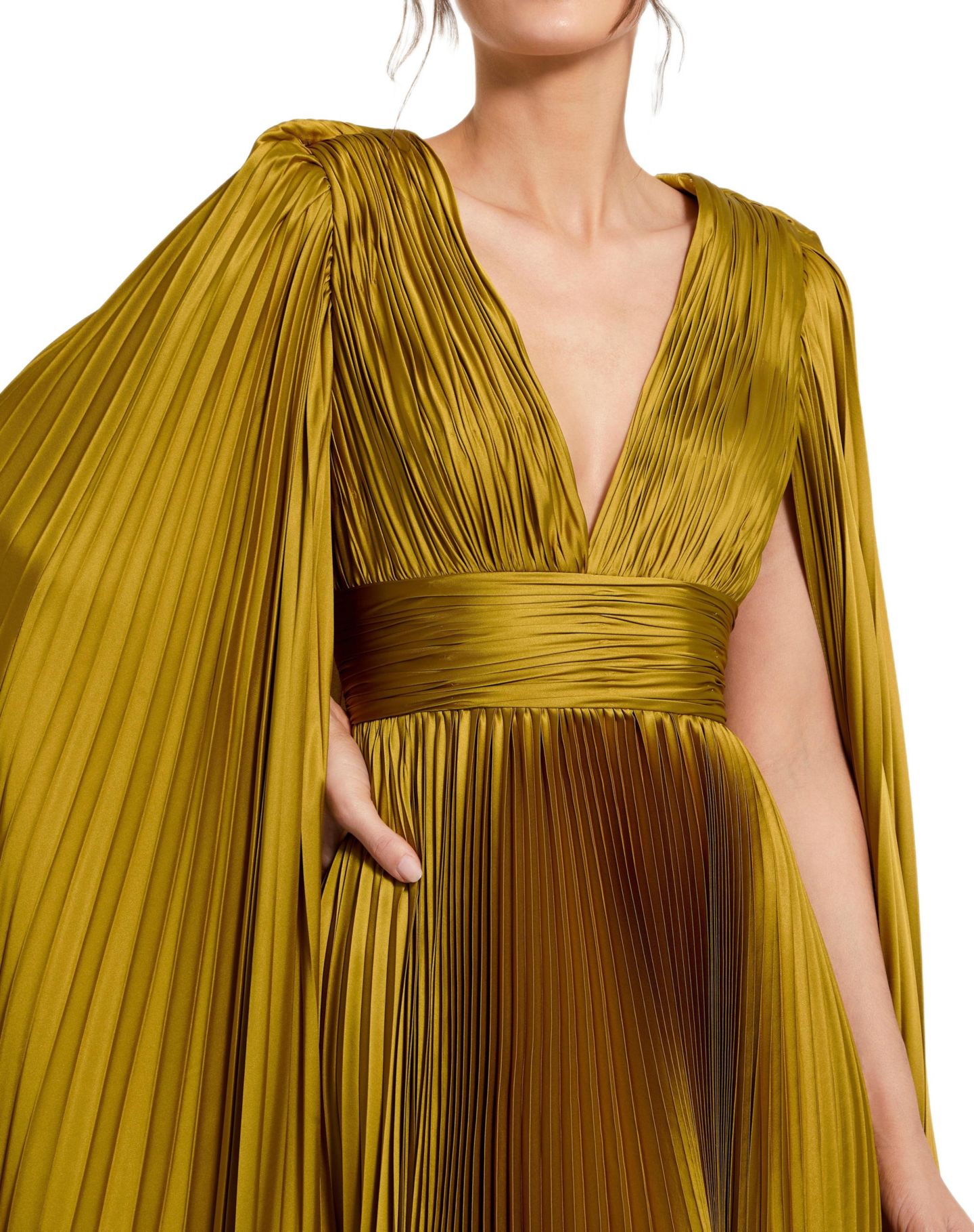 Женские платья Mac Duggal Petite Pleated Charmeuse V Neck Gown With Cape, цвет: Шартрез — фото 3
